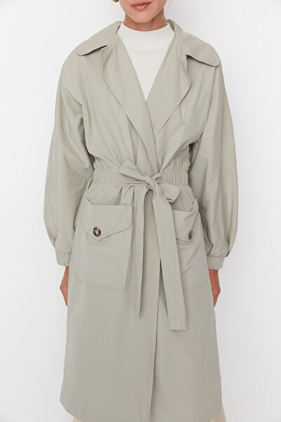 Trendyol Collection Light Khaki Long Oversize Trench Coat with Drawstring Waist and Belt Detail TWOSS20TR0010