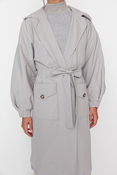 Trendyol Collection Сірий довгий оверсайз Trenckot TWOSS20TR0010 з ікрою та поясом на талії