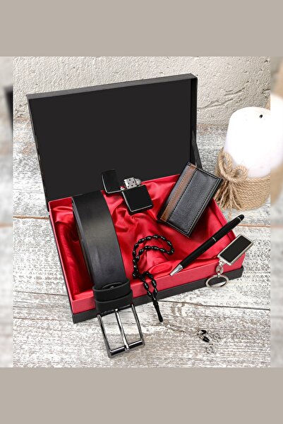 High Class Deri Erkeklere Özel Slim Mekanizmalı Cüzdan & Deri Kemer & Metal Çakmak & Touch Pen Kalem Hediye Seti