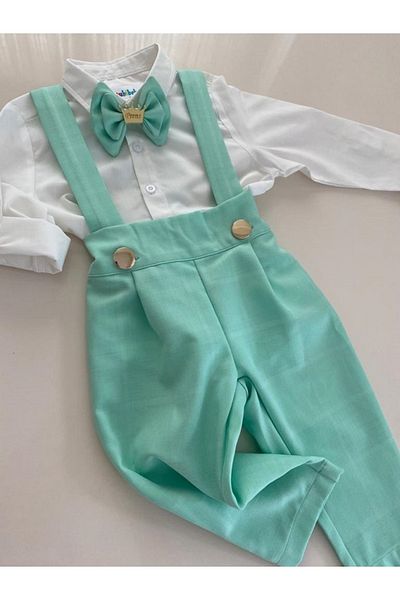 tubibebe Aqua Green Pleated Salopet + Shirt + Bow Tie