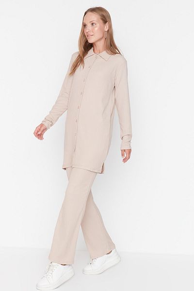 Trendyol Modest Bézs ing-nadrág kötött szett TCTSS22US00037