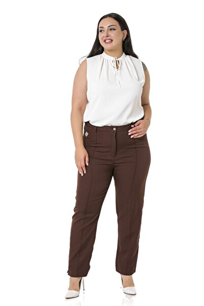 DISENTIS MODEST Large Size Narrow Leg Ribbed Stitched Leg Slit Zippered Brown Women's Trousers