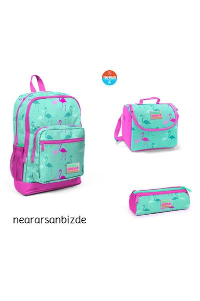Coral High Set de 3 genți de școală Coral High Kids cu model flamingo Rucsac Cutie de prânz Suport stilou