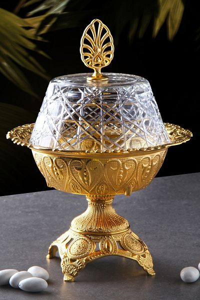WuuQ Lux - Glass Covered Metal Leg Sugar Bowl, Turkish delight bowl, snack bowl, sauce bowl - gold