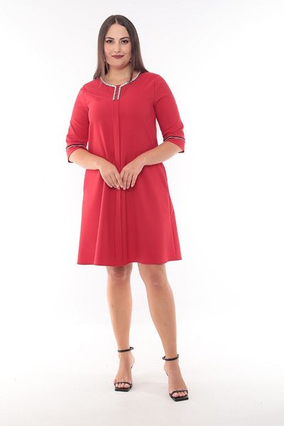 MODAPO Women's Collar and Sleeve Large Size Dress with Stone Accessory Detail
