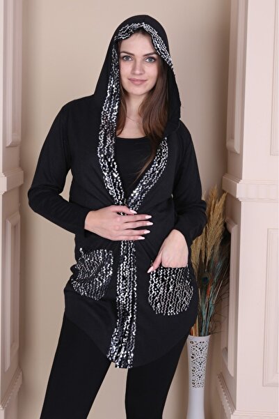 SİZ Kadın Siyah Pul Payet Tasarım Cepli Hırka