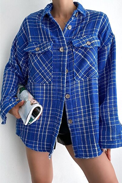 FEMELLE سترة قميص الحطاب النسائية - كتف منسدل، جيب مزدوج، قصة كبيرة الحجم