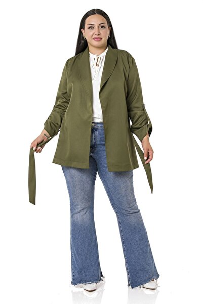 DISENTIS MODEST سترة كاكي ذات ياقة شال مقاس كبير وأكمام مطوية وحزام ذاتي