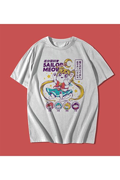 rebelberi Tricou alb unisex oversize japonez Sailor Moon Sailor Meow scris