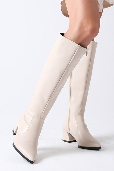 Mio Gusto Mila Beige Color Pointed Toe Side Zipper Thin Fur Lined Women's Heeled Boots