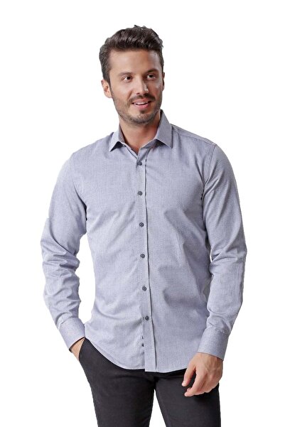 Ottomoda Erkek Gri Desenli Uzun Kollu Yarı Slim Oxford Gömlek, Ot-c-20017