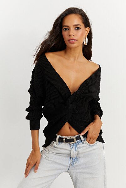 Cool & Sexy Women's Black Knotted Knitwear Blouse MSS118