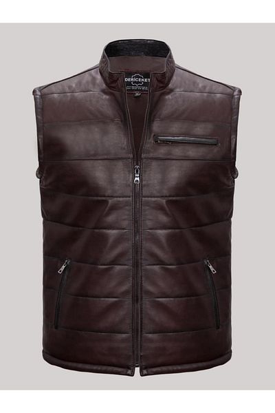 Derimont's Genuine Leather Genuine Leather Brown Men's Vest with 3 Embroidered Pockets