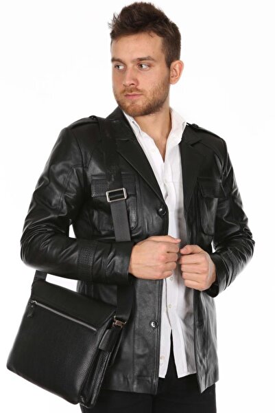 Derimont's Hakiki Deri Siyah Gömlek Cep Düğmeli Erkek Deri Ceket