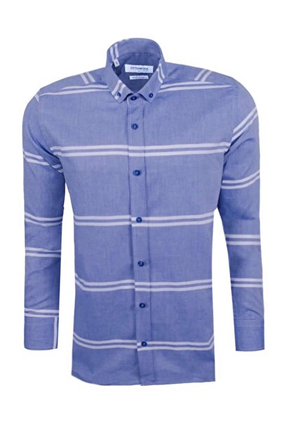 Ottomoda Oxford Mavi Çizgili Regular Fit Uzun Kollu Gömlek,ot-c-20011