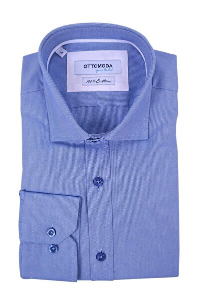 Ottomoda Oxford %100 Pamuklu Mavi Düz Uzun Kollu Klasik Gömlek, Ot-c-20161