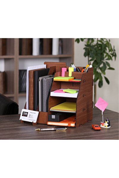 ByKurt Документна етажерка от дърво Органайзер за бюро Кафяв