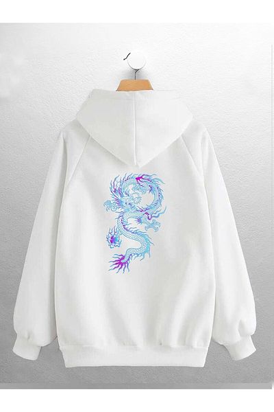 CANDEL Dragon Patterned Unisex Blue Hooded Sweatshirt