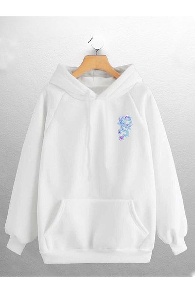 CANDEL Dragon Patterned Unisex Blue Hooded Sweatshirt