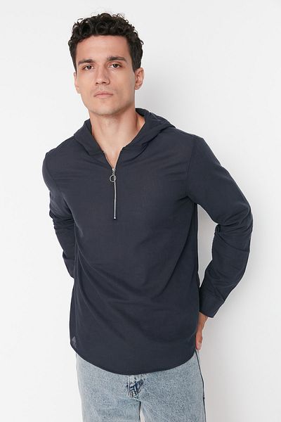 Trendyol Collection Navy Blue Men's Regular Fit Half Placket Zippered Hooded Shirt