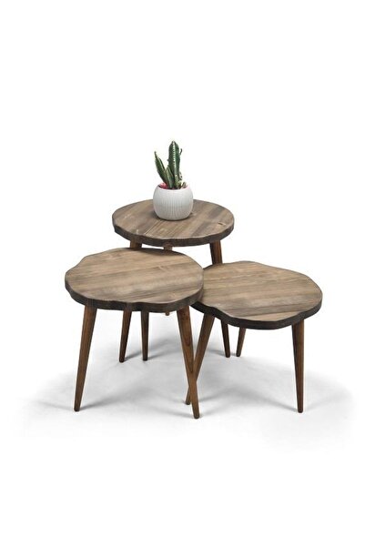 Mobenta Doğal Ağaç Masif Kütük Yuvarlak 3’ Lü Zigon Sehpa