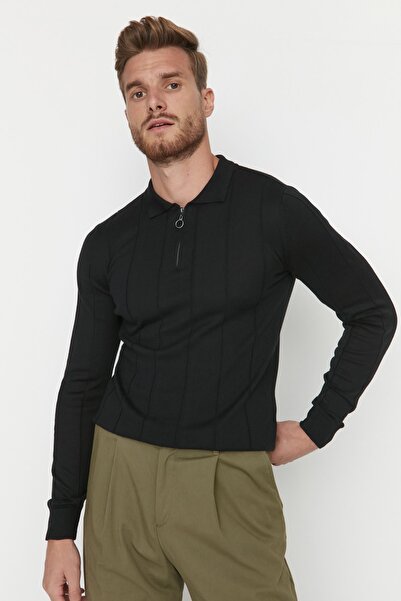 Trendyol Collection Μαύρο πλεκτό πουλόβερ με βαμβακερό φερμουάρ με φερμουάρ TMNAW21KZ0774