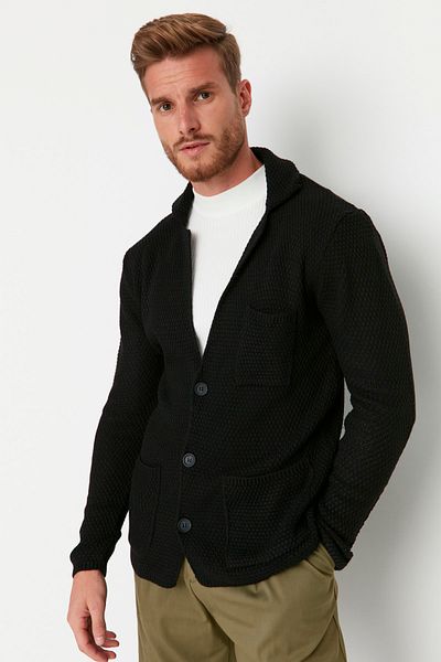 Trendyol Collection Strukturierter schwarzer Strick-Cardigan mit Jackenkragen – Regular Fit TMNAW21HI0098