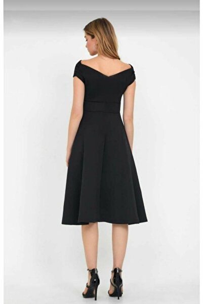 JANES Düşük Omuz Eteği Pileli Midi Boy Krep Kumaş Elbise