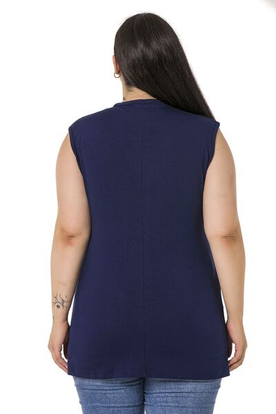 DISENTIS MODEST Large Size Half Fisherman Long Viscose Navy Blue Body with Slits on the Sides