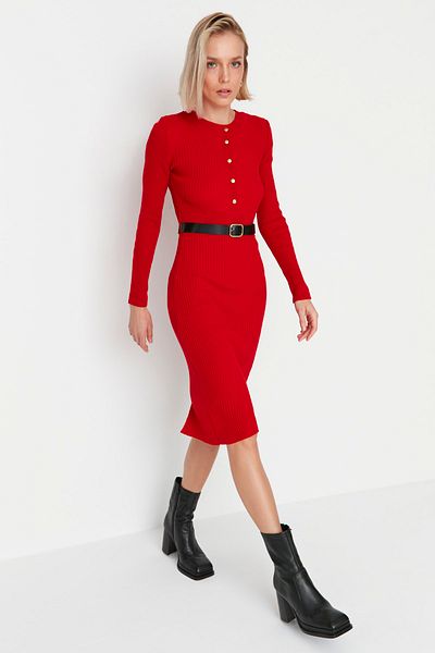 Trendyol Collection Red Belt Detailed Knitwear Dress TWOAW23EL00073
