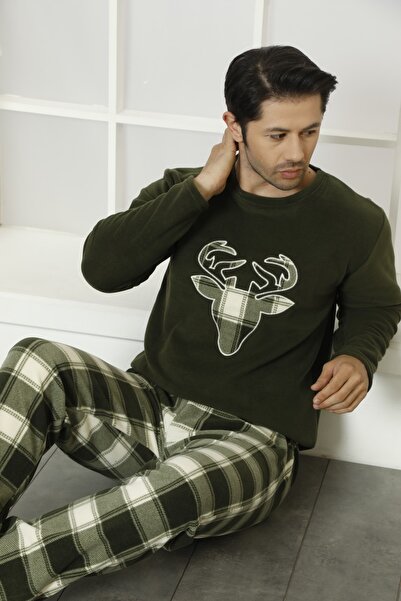 MİRELLA Erkek Ekose Ve Kare Desenli Uzun Kollu Polar Kumaş Kışlık Sıcak Tutan Pijama Takımı