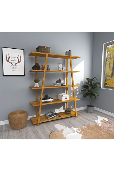 WOODFACE Masif Ahşap Ayaklı Kitaplık 145x115 Doğal Ahşap 5 Raflı Özel Tasarım...