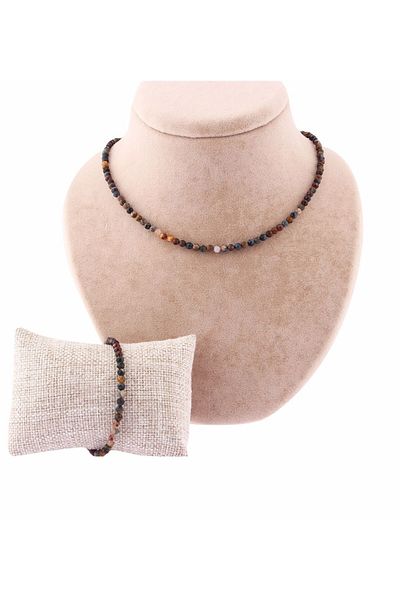 Deniz Doğal Taş Certified Pietersite Stone Necklace and Bracelet Set (3-4mm) Ts014