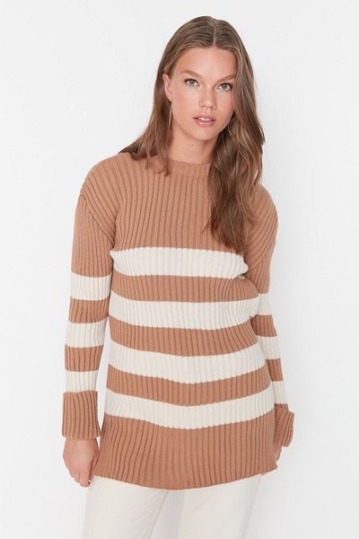 Trendyol Modest Camel Thick Striped Corduroy Knitwear Sweater TCTAW23KZ00042