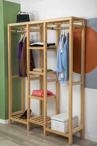 WOODFACE Indigo Doğal Ahşap Açık Gardrop Askılık Portmanto 185x145x35 cm