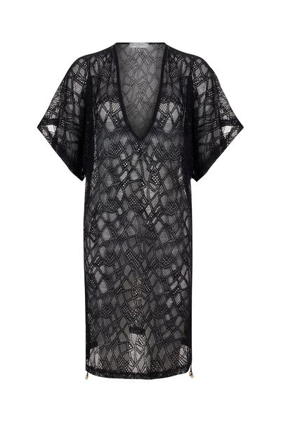 AQUELLA Kanal Büzgülü Siyah Dantel Tunik