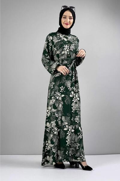 SGS Fashion Stripe Belted Patterned Hijab Dress Emerald