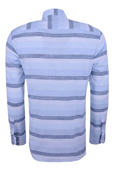 Ottomoda Erkek Mavi Çizgili Uzun Kollu Yarı Slim Pamuklu Gömlek,ot-c-20016