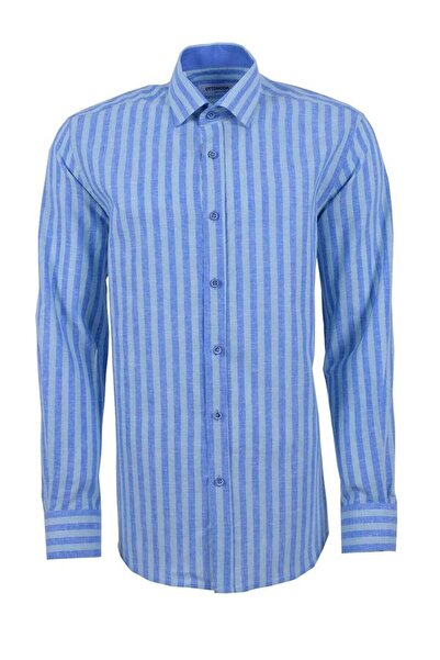 Ottomoda Men's Stripe Cotton Linen Shirt - Long Sleeve, Blue 20023