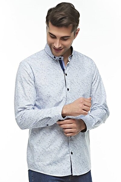 Ottomoda Erkek Beyaz Desenli Uzun Kollu Pamuklu Regular Gömlek, Ot-c-20053