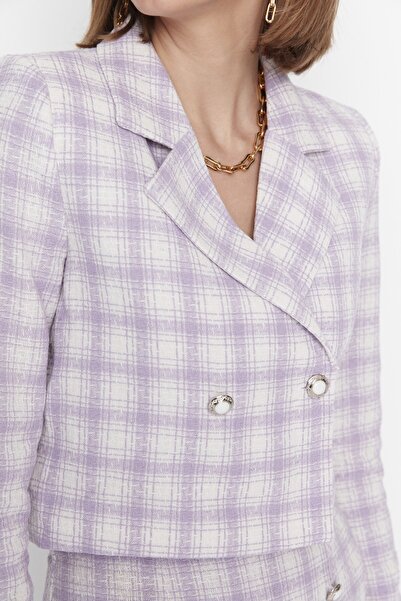Trendyol Collection Lilac Crop Woven Plaid Jacket TWOAW23CE00061