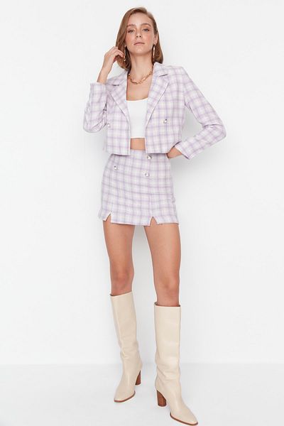 Trendyol Collection Spódnica z krótkimi spodenkami w liliową kratę i szczegółowe tkane TWOAW23SR00016