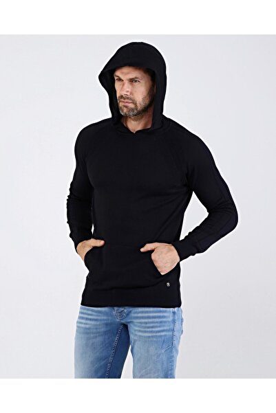 Çizgi Triko Чоловічий бавовняний трикотажний светр з капюшоном, темно-синій, з візерунком на рукавах і талії, з еластичною талією, прямий крій