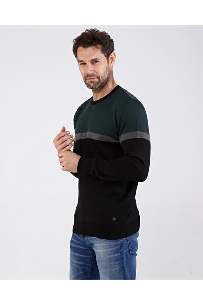 Çizgi Triko Ανδρικό πλεκτό βαμβακερό λαιμόκοψη μαύρο πουλόβερ με σχέδιο κανονική εφαρμογή με ελαστικά μανίκια και μέση