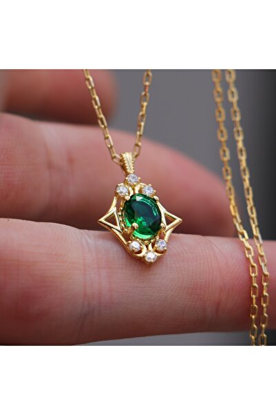Moko Art Design Oval Kesim Lab. Zümrüt Ve Mozanit Taşlı 925 Gümüş Altın Kaplama Kolye