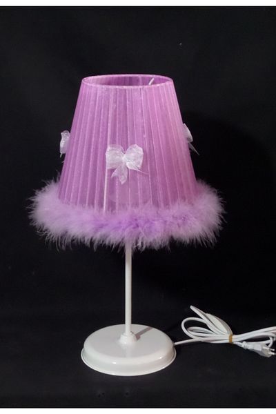 TEKAY AYDINLATMA Lilac Plush Feather Bow White Metal Leg Girl's Room Bedroom Lampshade
