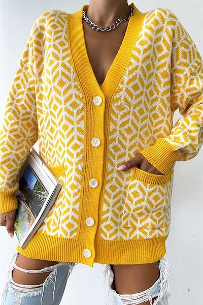 FEMELLE Cardigan lung, cu model geometric galben, cu buzunar dublu, cu nasturi