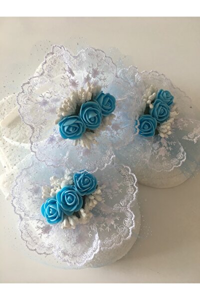 CAN BUTİK Mavi Tüllü Güllü Lohusa Terlik Taç Takımı