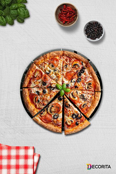 Decorita Pizza Serving Plate| Black Marble| Mottolu Pizza Plate| Diameter 32cm