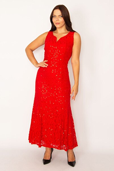 Şans Plus Size Evening Dress - Red - A-line
